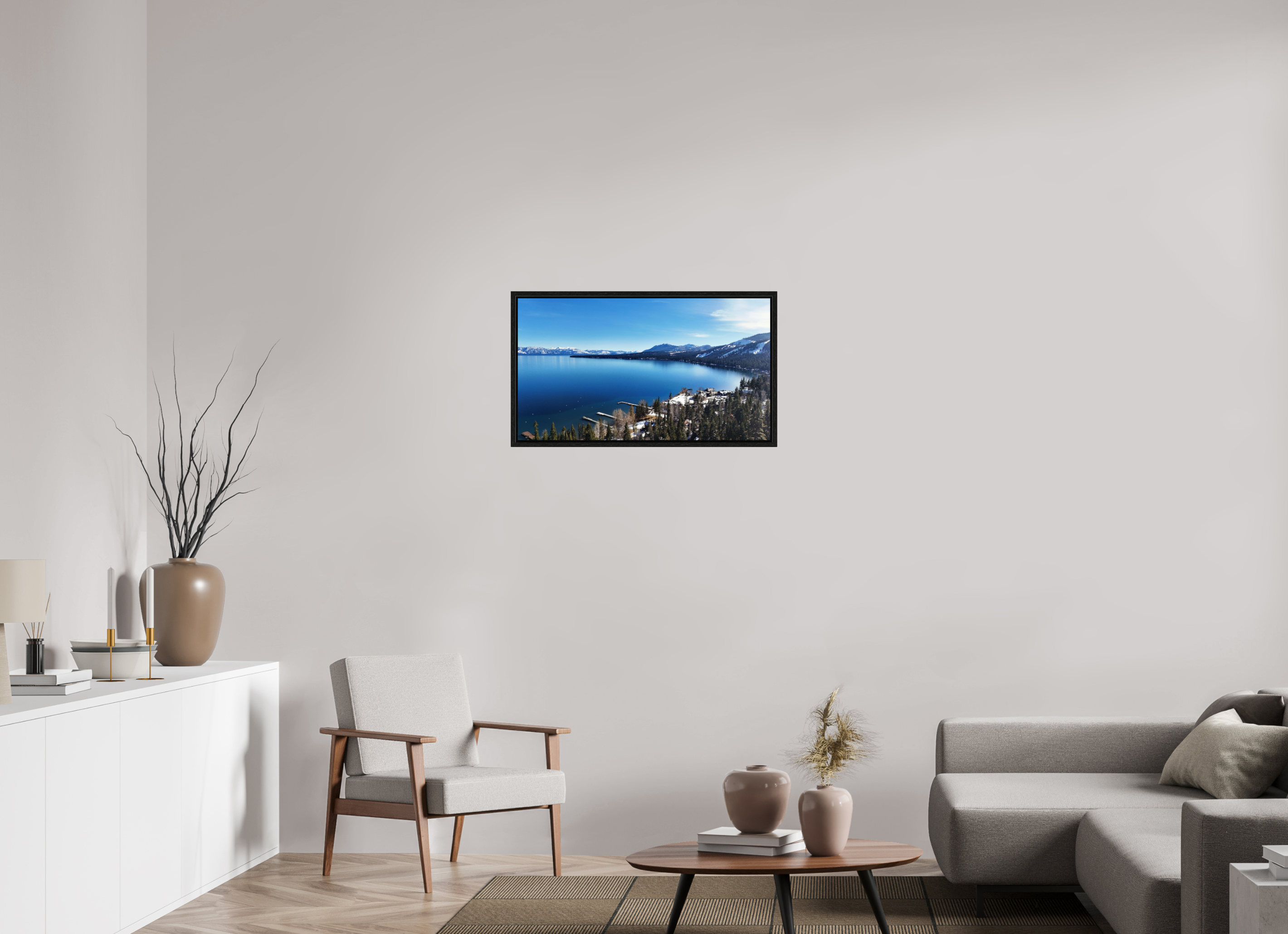 32 x 18″, Floater Frame Lake Tahoe Winter Calm