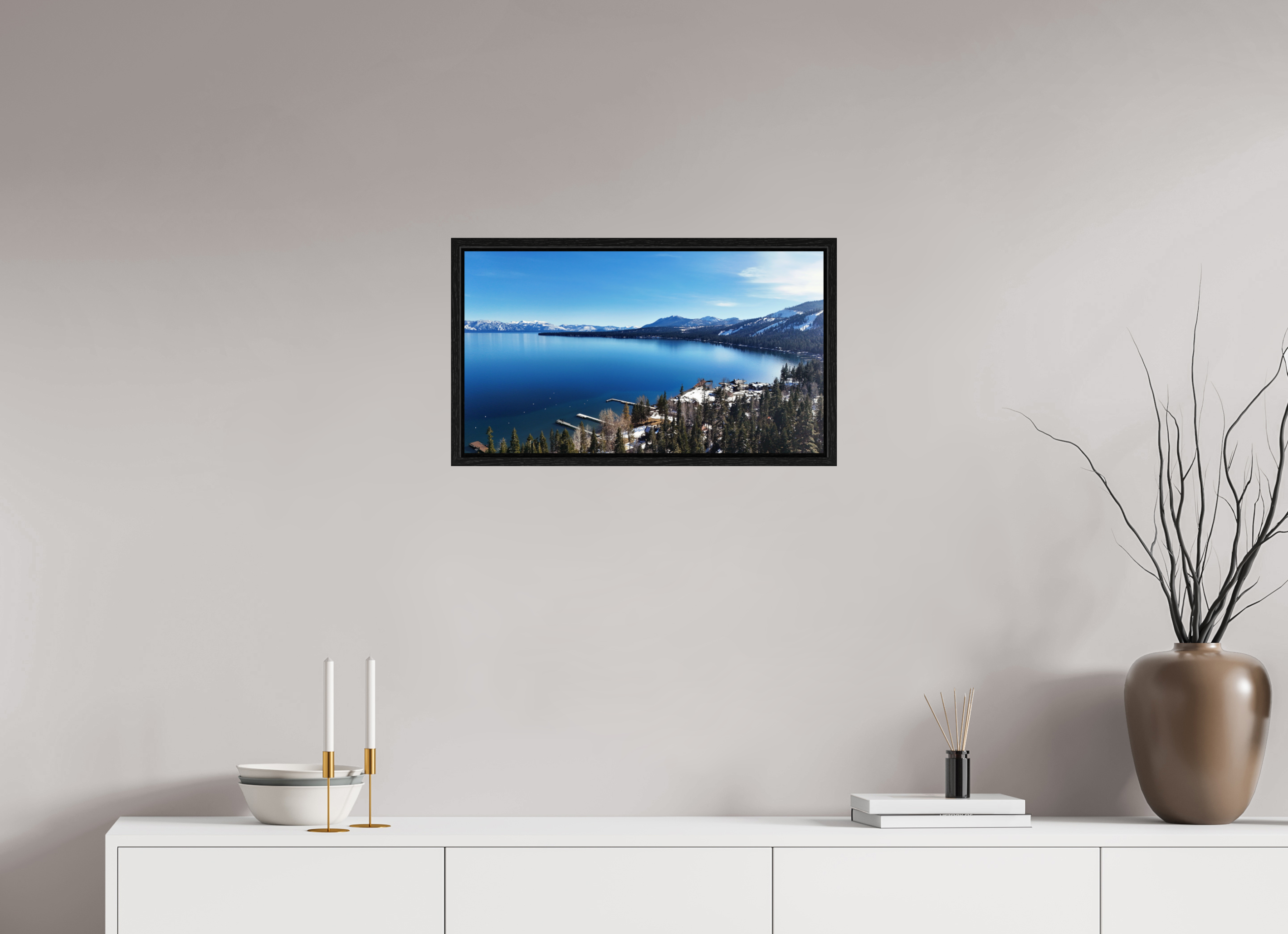 24 x 13.5″, Floater Frame Lake Tahoe Winter Calm